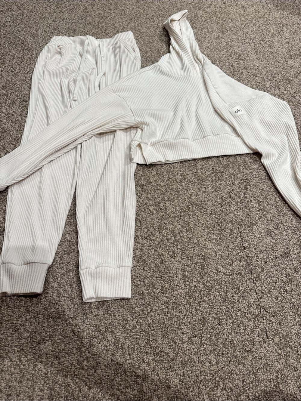 ALO Yoga Kids Ribbed Cream Hoodie & Jogger Set